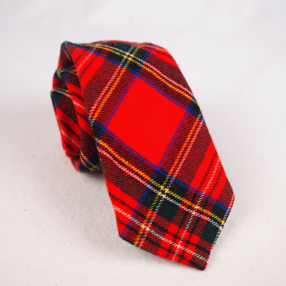 Vintage Rooster Tie Men Red Tartan Plaid Wool Necktie Royal Stewart Scotland USA